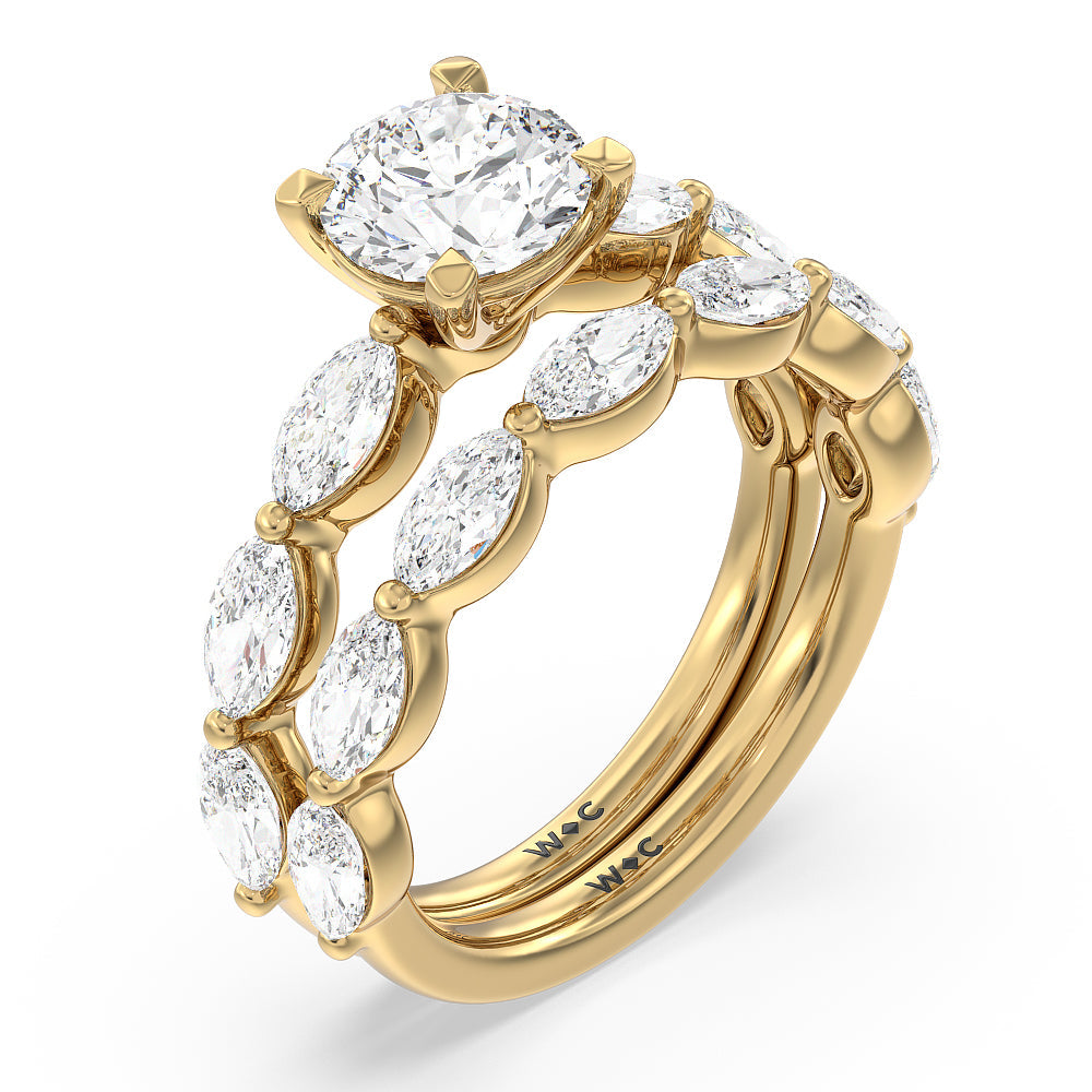 Glamorous Marquise Side Stone Solitaire Diamond Wedding Band with 18KT Yellow Gold Cut Diamond in 14KT Yellow Gold view 3
