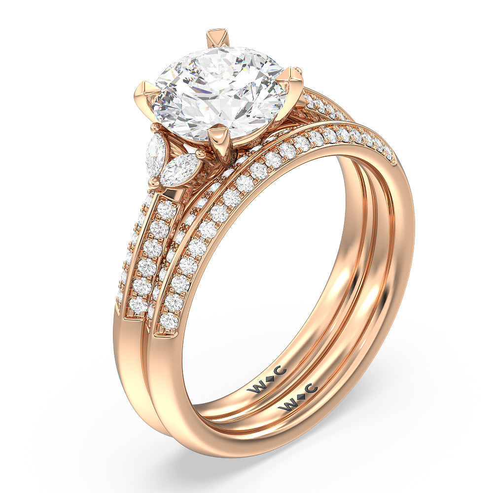 Knife Edge Pave & Side Stone Cathedral Diamond Wedding Band with 18KT Rose Gold Cut Diamond in 14KT Rose Gold view 3
