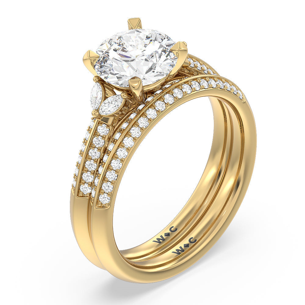 Knife Edge Pave & Side Stone Cathedral Diamond Wedding Band with 18KT Yellow Gold Cut Diamond in 14KT Yellow Gold view 3
