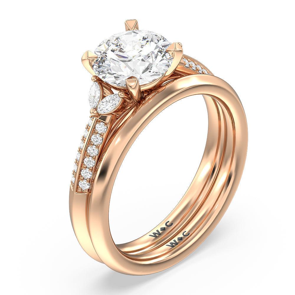 Knife Edge Pave & Side Stone Cathedral Wadding Band with 18KT Rose Gold Cut Diamond in 14KT Rose Gold view 3
