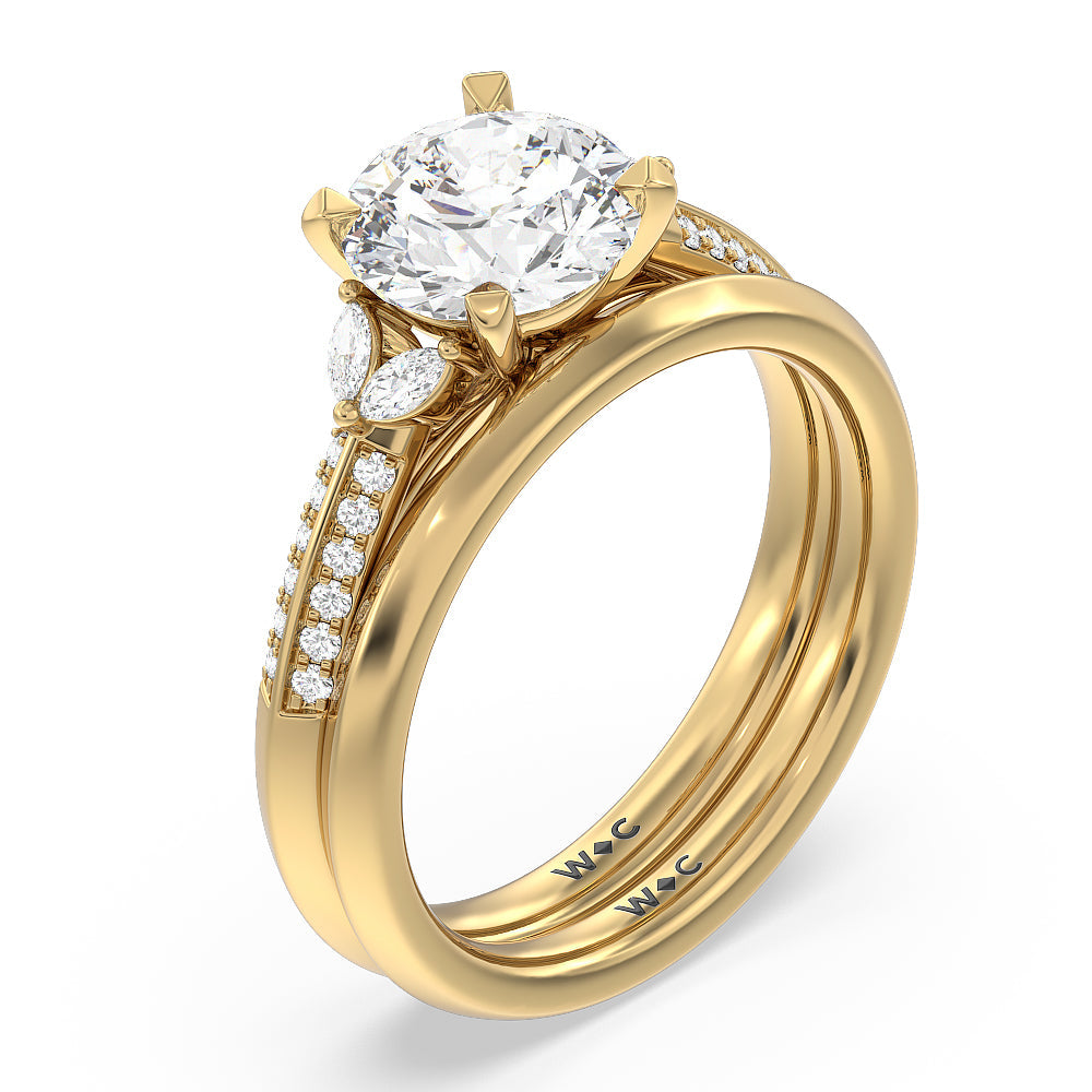 Knife Edge Pave & Side Stone Cathedral Wadding Band with 18KT Yellow Gold Cut Diamond in 14KT Yellow Gold view 3

