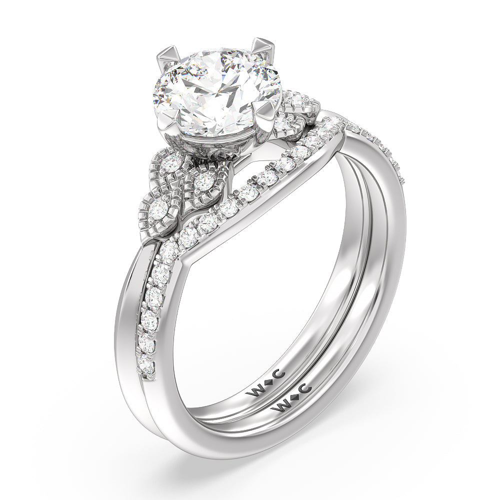 Vintage Knife Edge Side Stone Kite Set Solitaire Diamond Wedding Band with Platinum Cut Diamond in 14KT Platinum view 3
