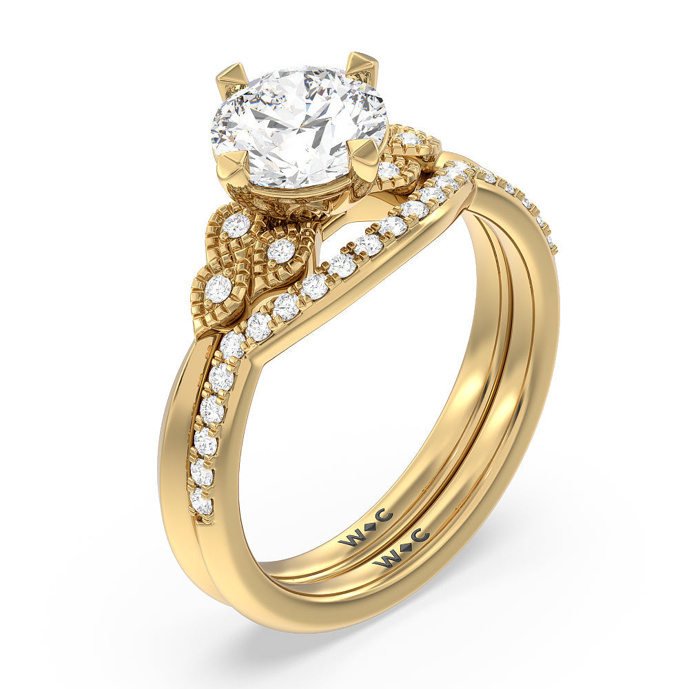 Vintage Knife Edge Side Stone Kite Set Solitaire Diamond Wedding Band with 18KT Yellow Gold Cut Diamond in 14KT Yellow Gold view 3
