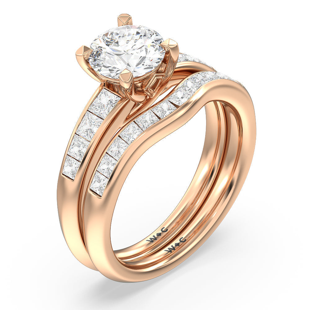 Classic Channel Set Princess Kite Basket Diamond Wedding Band with 18KT Rose Gold Cut Diamond in 14KT Rose Gold view 3
