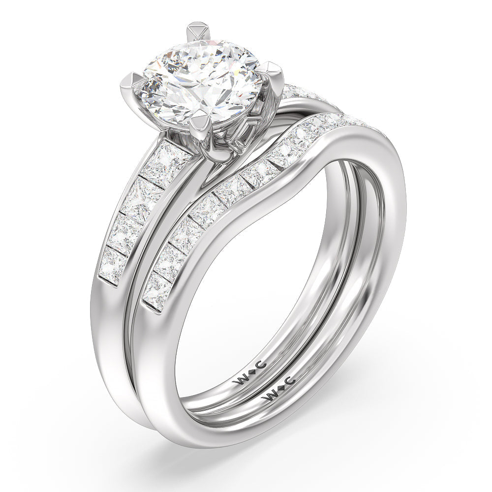 Classic Channel Set Princess Kite Basket Diamond Wedding Band with Platinum Cut Diamond in 14KT Platinum view 3
