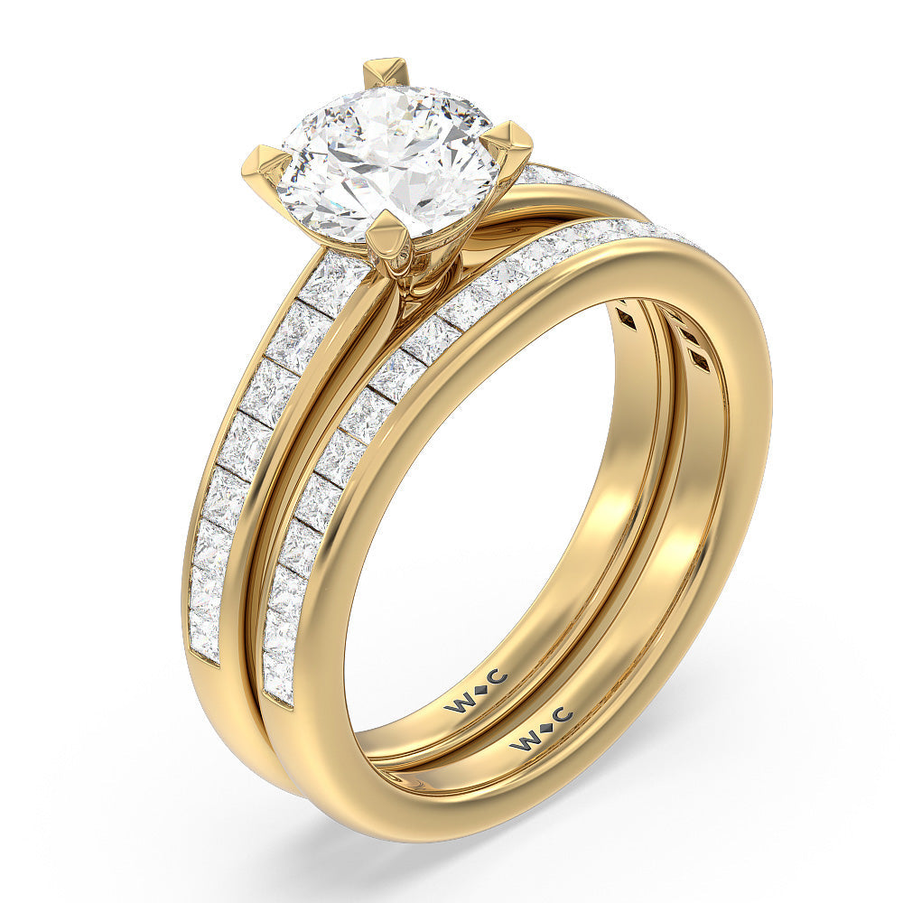 Classy Knot Basket Channel Set Princess Diamond Wedding Band with 18KT Yellow Gold Cut Diamond in 14KT Yellow Gold view 4
