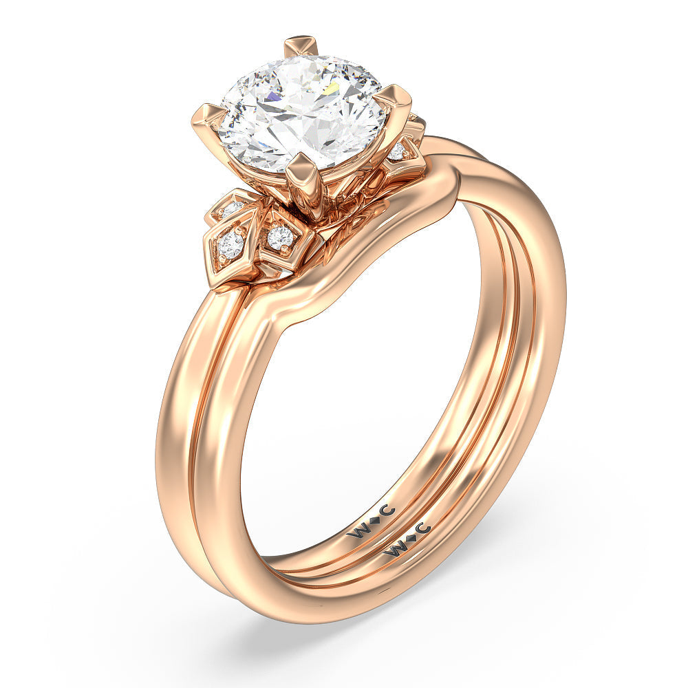 Kite Leaf Side Stone Wedding Band with 18KT Rose Gold Cut Diamond in 14KT Rose Gold view 3
