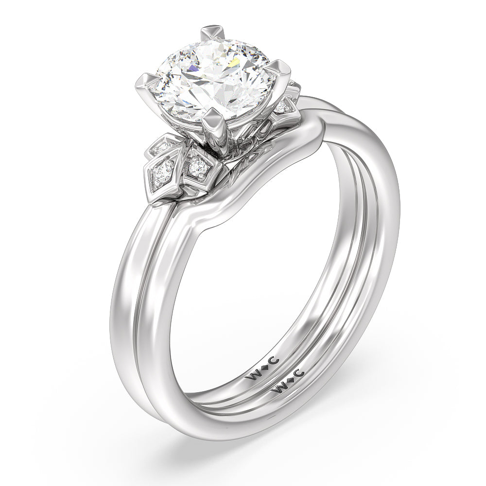 Kite Leaf Side Stone Wedding Band with Platinum Cut Diamond in 14KT Platinum view 3
