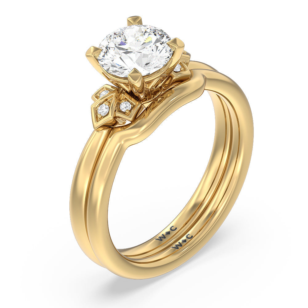 Kite Leaf Side Stone Wedding Band with 18KT Yellow Gold Cut Diamond in 14KT Yellow Gold view 3

