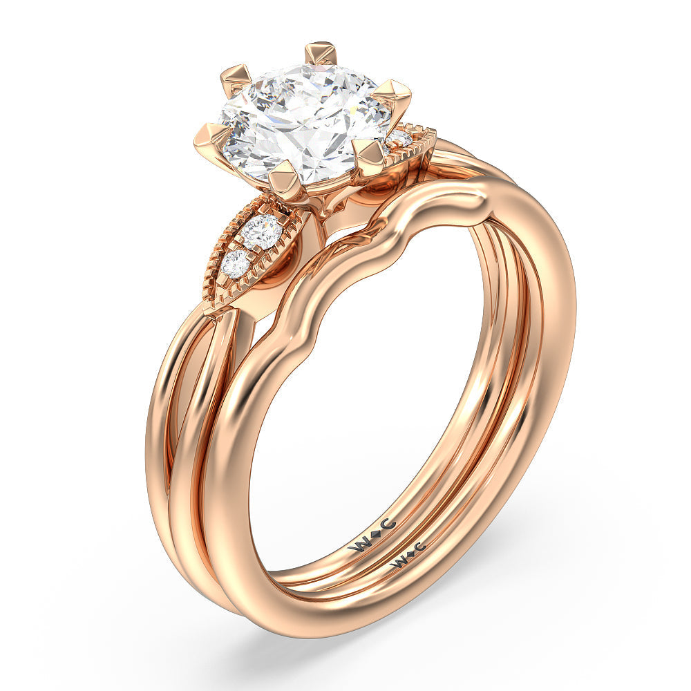 Vintage Six Prong Side Stone Wedding Band with 18KT Rose Gold Cut Diamond in 14KT Rose Gold view 3
