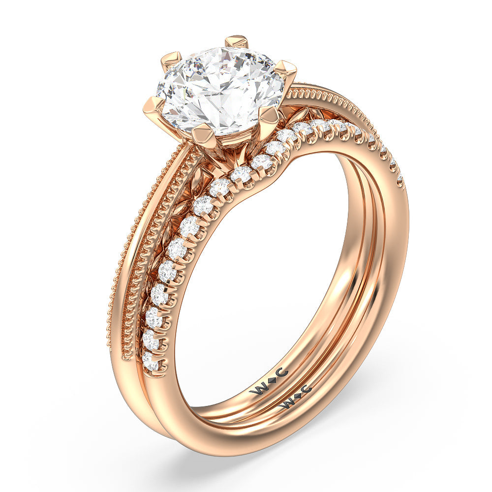 Milgrain Filigree Solitaire Diamond Wedding Band with 18KT Rose Gold Cut Diamond in 14KT Rose Gold view 3
