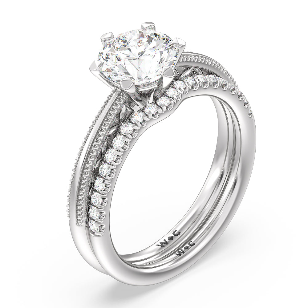 Milgrain Filigree Solitaire Diamond Wedding Band with Platinum Cut Diamond in 14KT Platinum view 3

