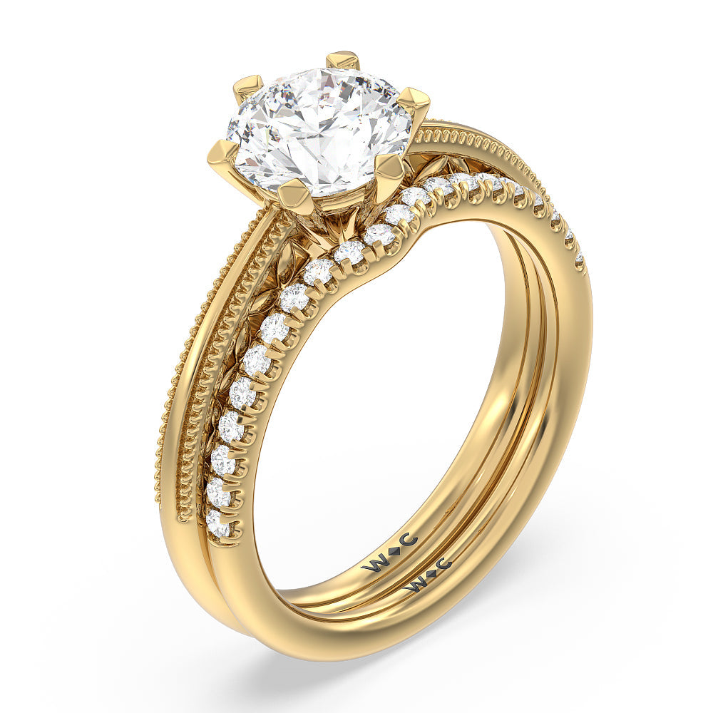 Milgrain Filigree Solitaire Diamond Wedding Band with 18KT Yellow Gold Cut Diamond in 14KT Yellow Gold view 3
