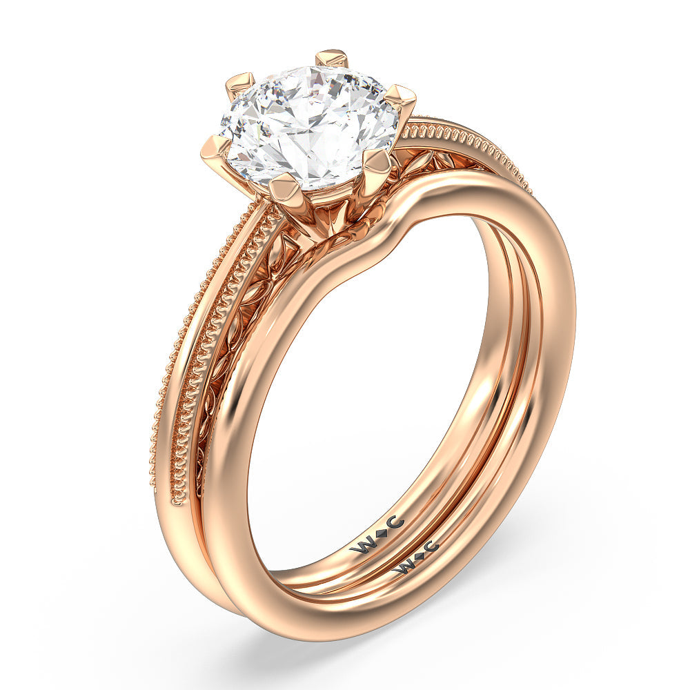 Milgrain Filigree Solitaire Wedding Band with 18KT Rose Gold Cut Diamond in 14KT Rose Gold view 3
