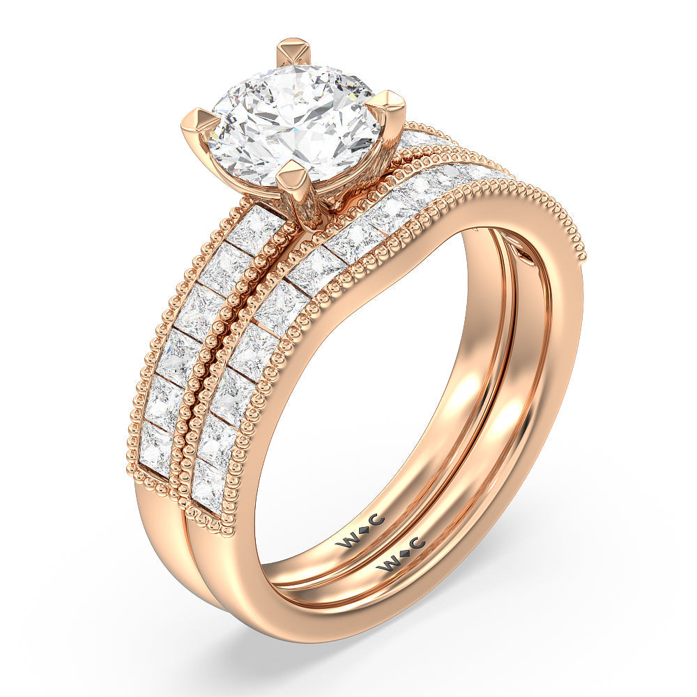 Channel Set Princess Vintage Diamond Wedding Band with 18KT Rose Gold Cut Diamond in 14KT Rose Gold view 3
