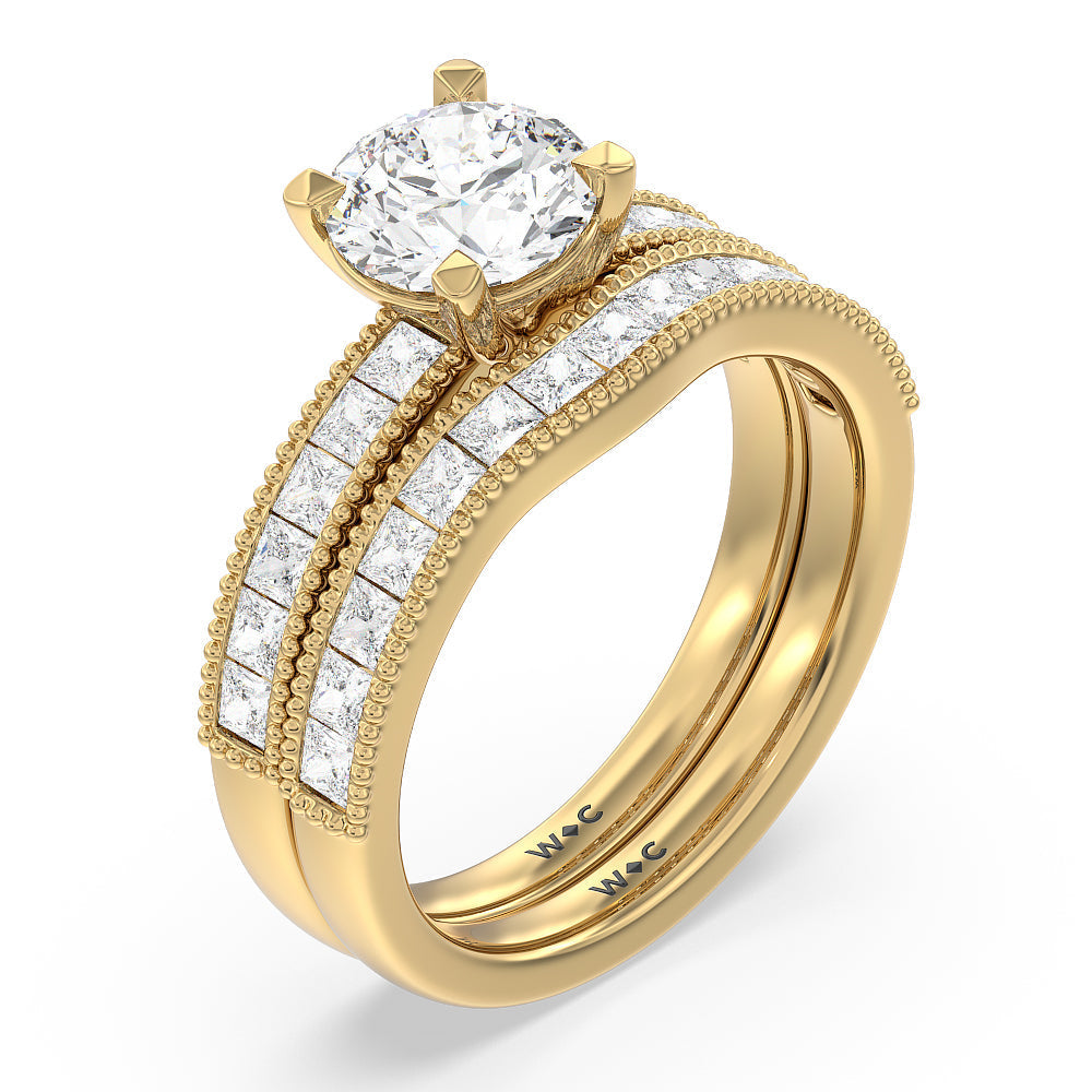 Channel Set Princess Vintage Diamond Wedding Band with 18KT Yellow Gold Cut Diamond in 14KT Yellow Gold view 3
