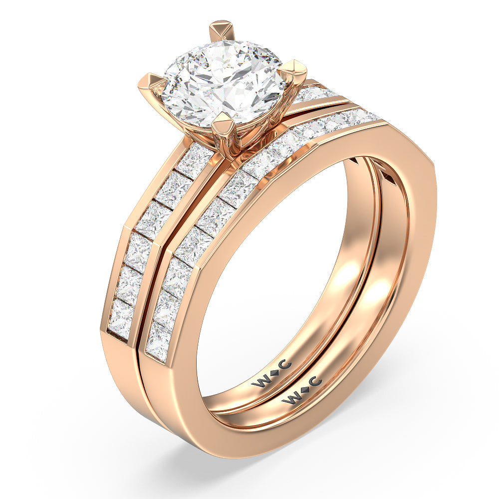 Channel Set Princess Angular Shank Solitaire Diamond Wedding Band with 18KT Rose Gold Cut Diamond in 14KT Rose Gold view 3
