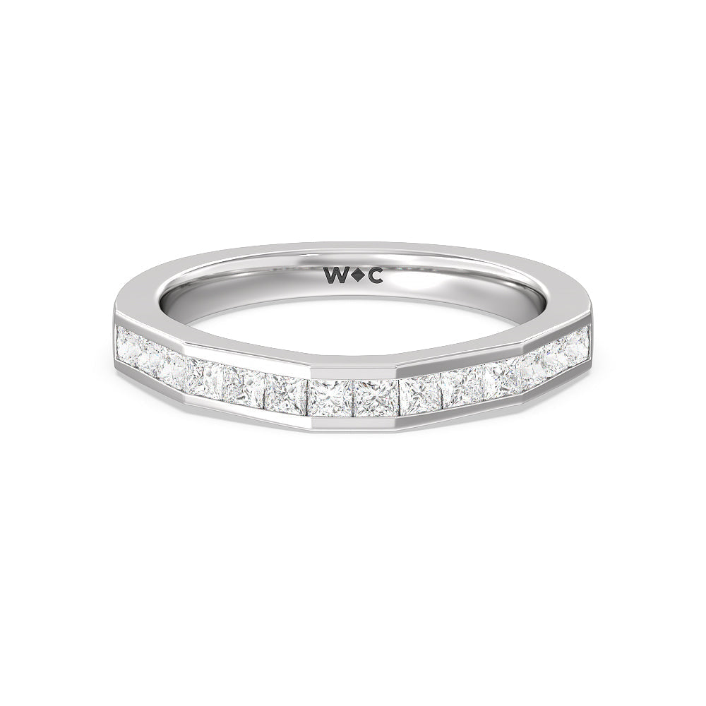 Channel Set Princess Angular Shank Solitaire Diamond Wedding Band with Platinum Cut Diamond in 14KT Platinum view 1
