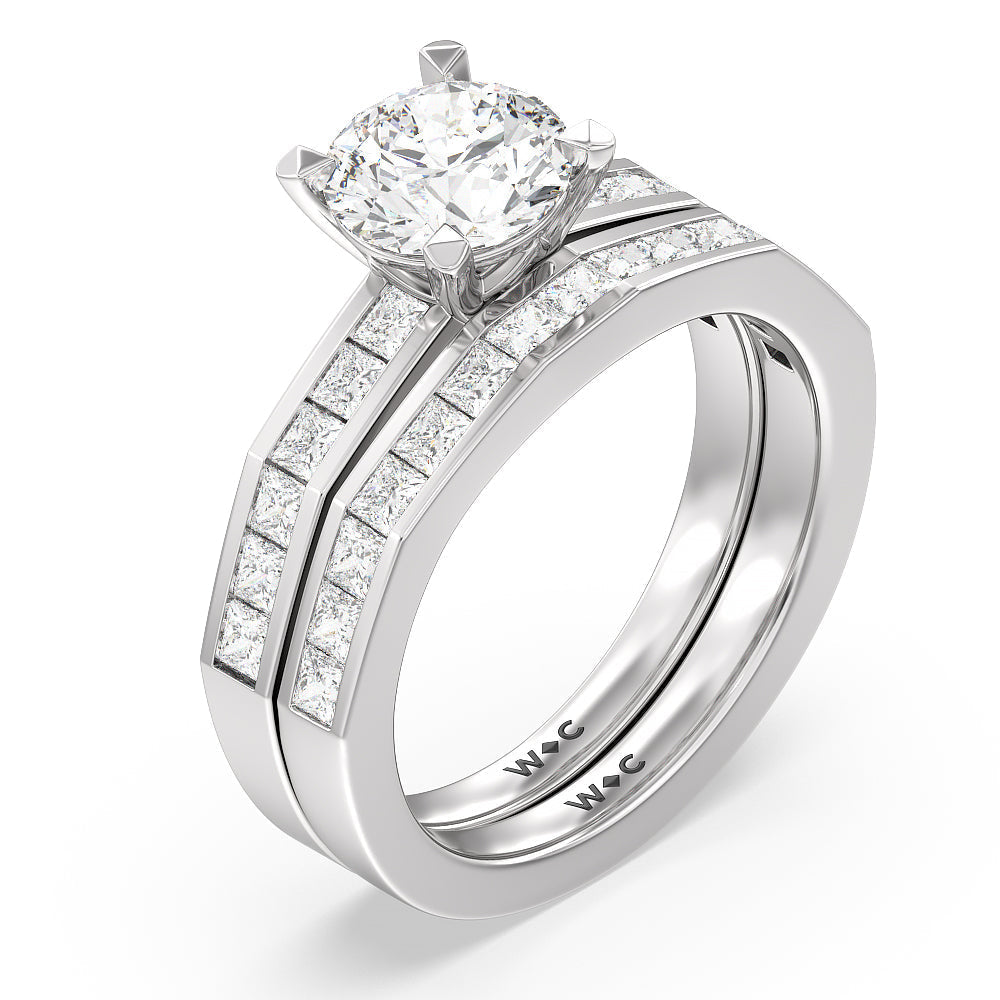 Channel Set Princess Angular Shank Solitaire Diamond Wedding Band with Platinum Cut Diamond in 14KT Platinum view 3
