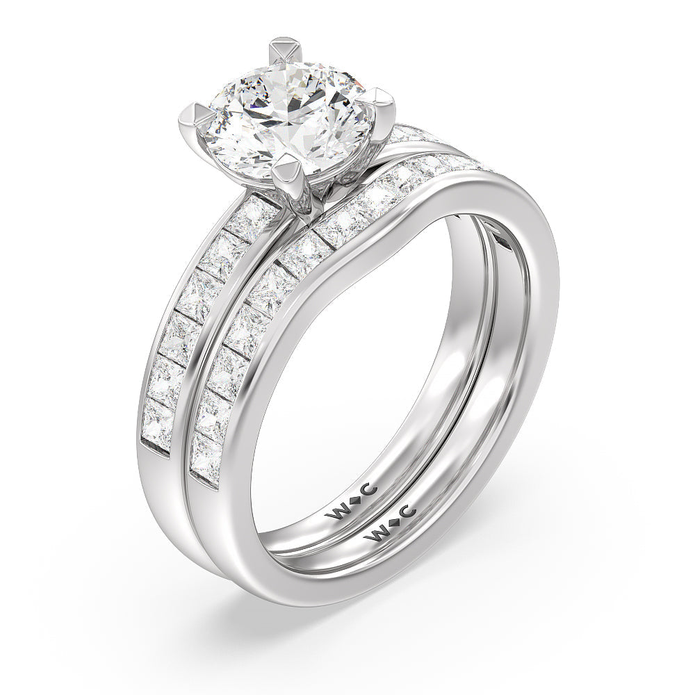 Channel Set Seamless Basket Princess Classic Diamond Wedding Band with Platinum Cut Diamond in 14KT Platinum view 3
