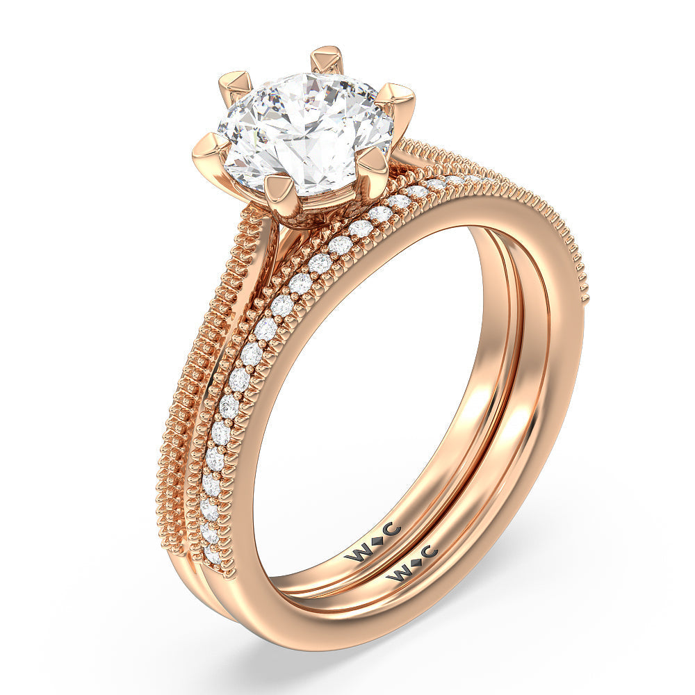 Milgrain Centerline Six Prong Solitaire Diamond Wedding Band with 18KT Rose Gold Cut Diamond in 14KT Rose Gold view 3
