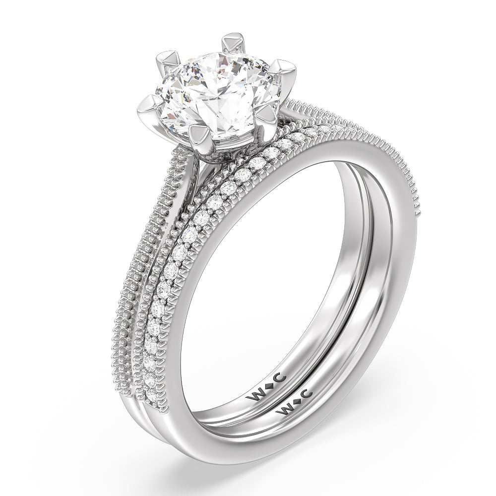 Milgrain Centerline Six Prong Solitaire Diamond Wedding Band with Platinum Cut Diamond in 14KT Platinum view 3
