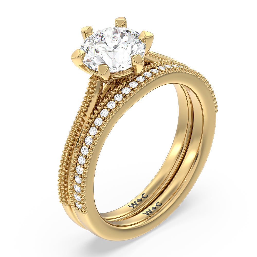 Milgrain Centerline Six Prong Solitaire Diamond Wedding Band with 18KT Yellow Gold Cut Diamond in 14KT Yellow Gold view 3
