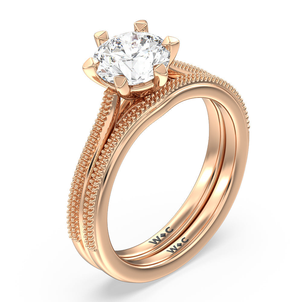 Milgrain Centerline Six Prong Solitaire Wedding Band with 18KT Rose Gold Cut Diamond in 14KT Rose Gold view 3
