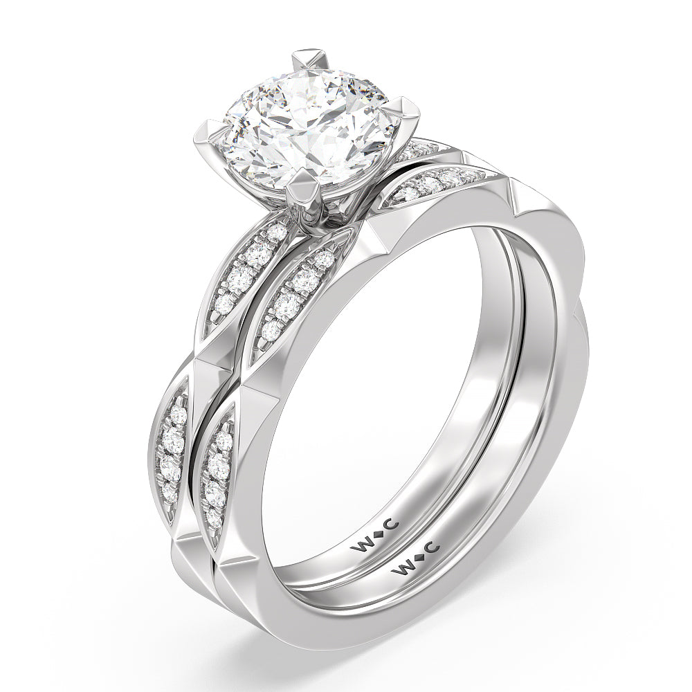 Elegant Faceted Diamond Shank Solitaire Diamond Wedding Band with Platinum Cut Diamond in 14KT Platinum view 3
