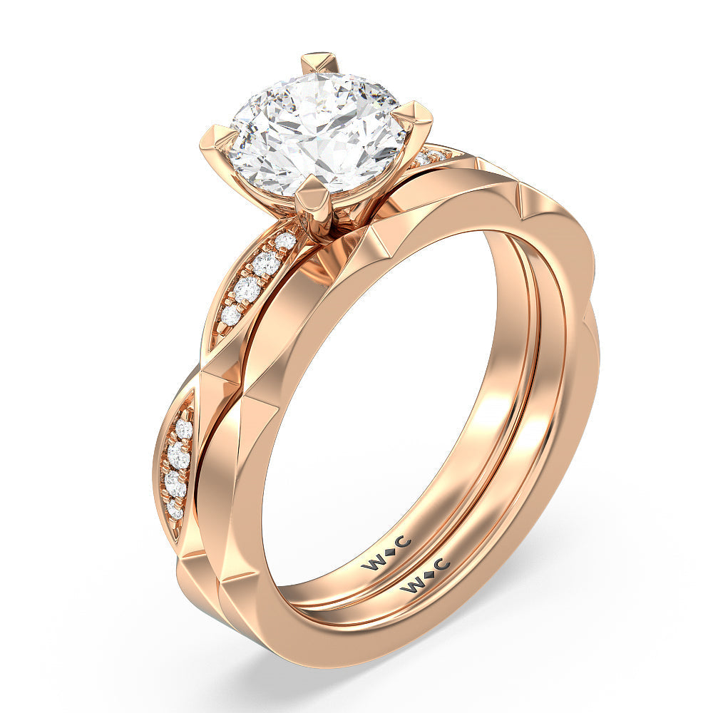 Elegant Faceted Diamond Shank Solitaire Wedding Band with 18KT Rose Gold Cut Diamond in 14KT Rose Gold view 3
