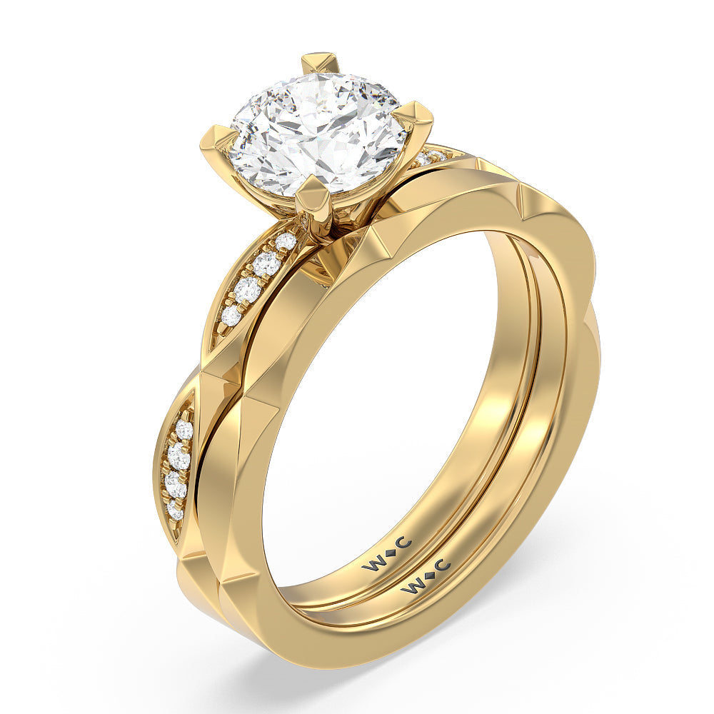 Elegant Faceted Diamond Shank Solitaire Wedding Band with 18KT Yellow Gold Cut Diamond in 14KT Yellow Gold view 3
