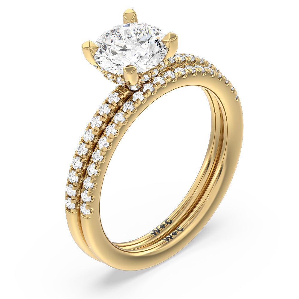 Studded Prong Hidden Halo Pave Shank Solitaire Diamond Wedding Band with 18KT Yellow Gold Cut Diamond in 14KT Yellow Gold view 3
