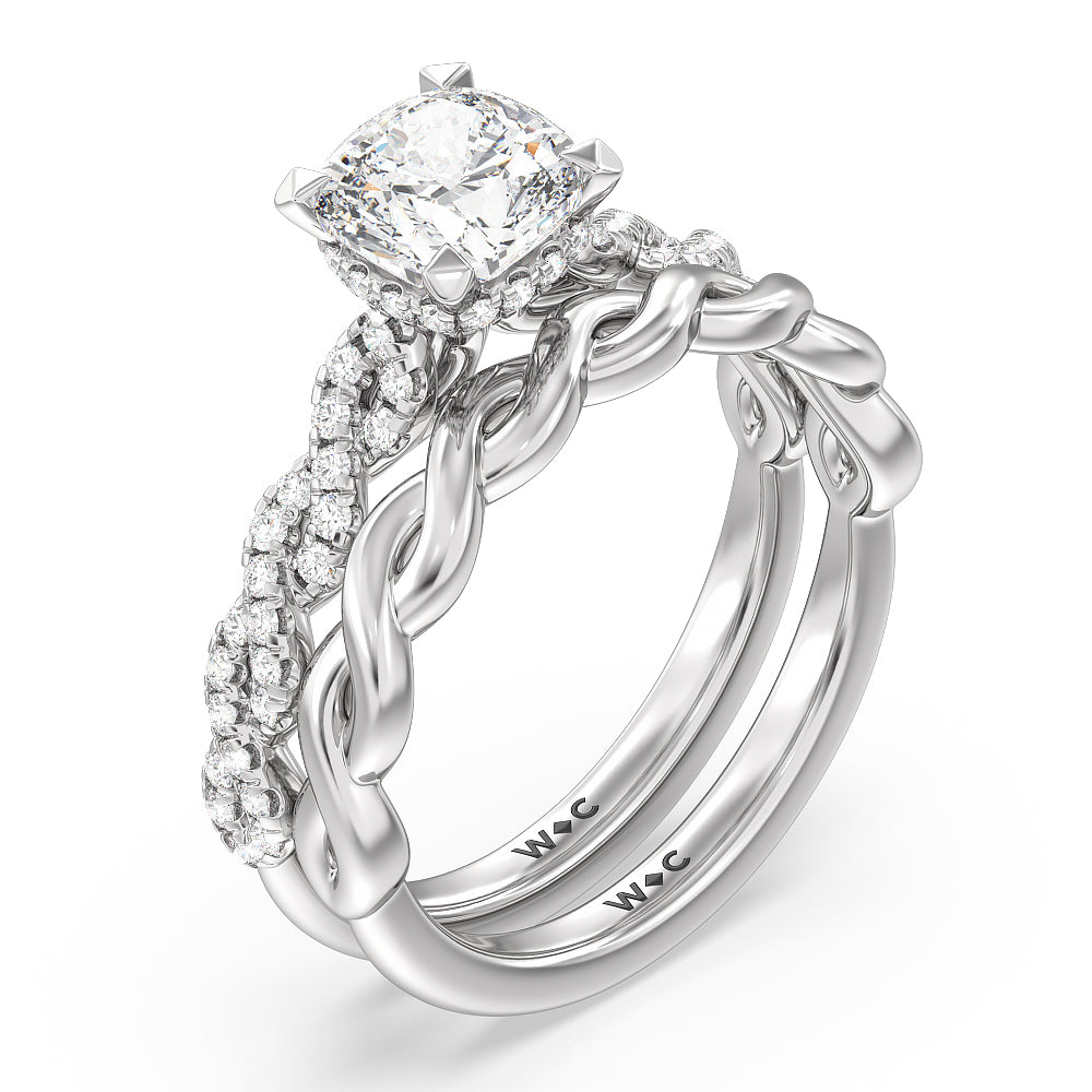 Twist Studded Hidden Accent Solitaire Wedding Band with Platinum Cut Diamond in 14KT Platinum view 3
