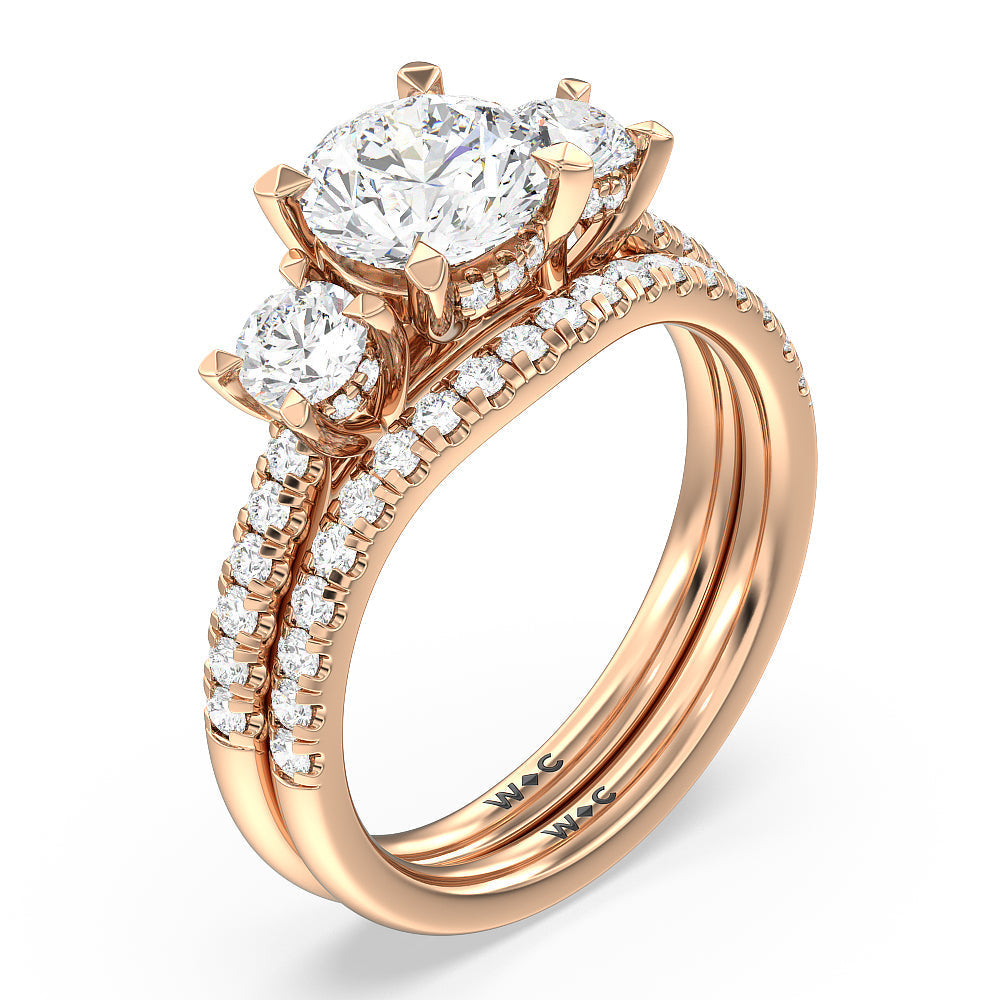 Three Stone Hidden Halo Cathedral Diamond Wedding Band with 18KT Rose Gold Cut Diamond in 14KT Rose Gold view 3
