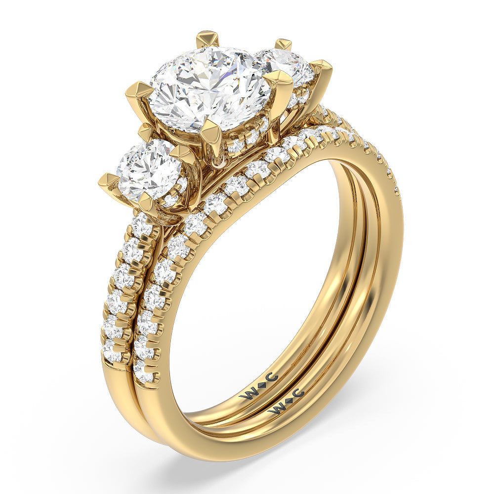Three Stone Hidden Halo Cathedral Diamond Wedding Band with 18KT Yellow Gold Cut Diamond in 14KT Yellow Gold view 3
