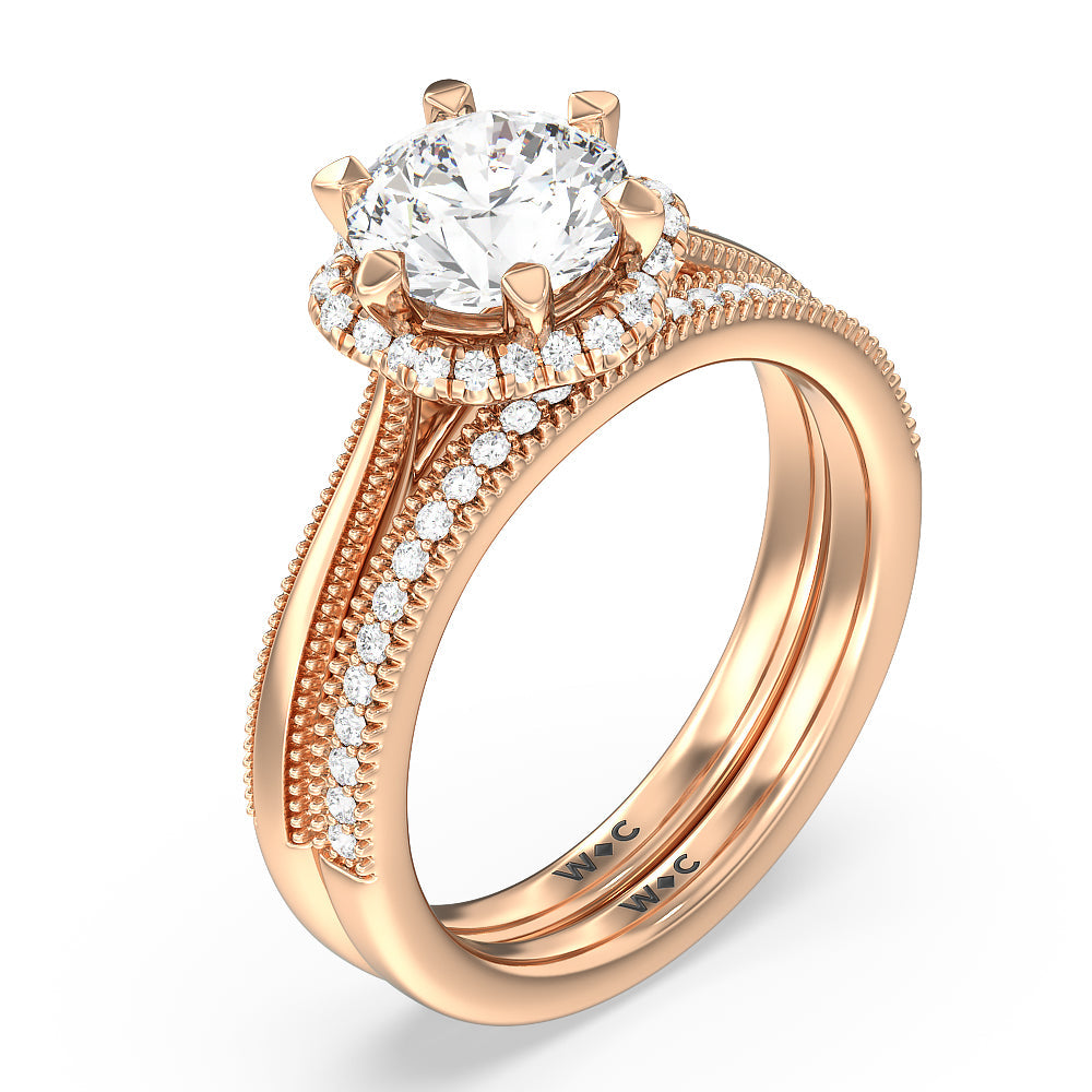 Floral Halo Cathedral Diamond Wedding Band with 18KT Rose Gold Cut Diamond in 14KT Rose Gold view 3
