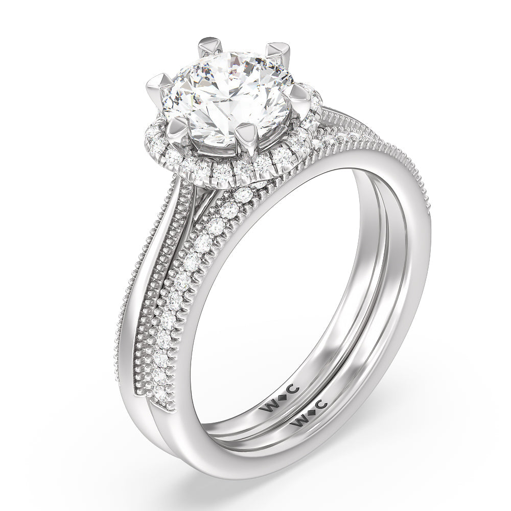 Floral Halo Cathedral Diamond Wedding Band with Platinum Cut Diamond in 14KT Platinum view 3
