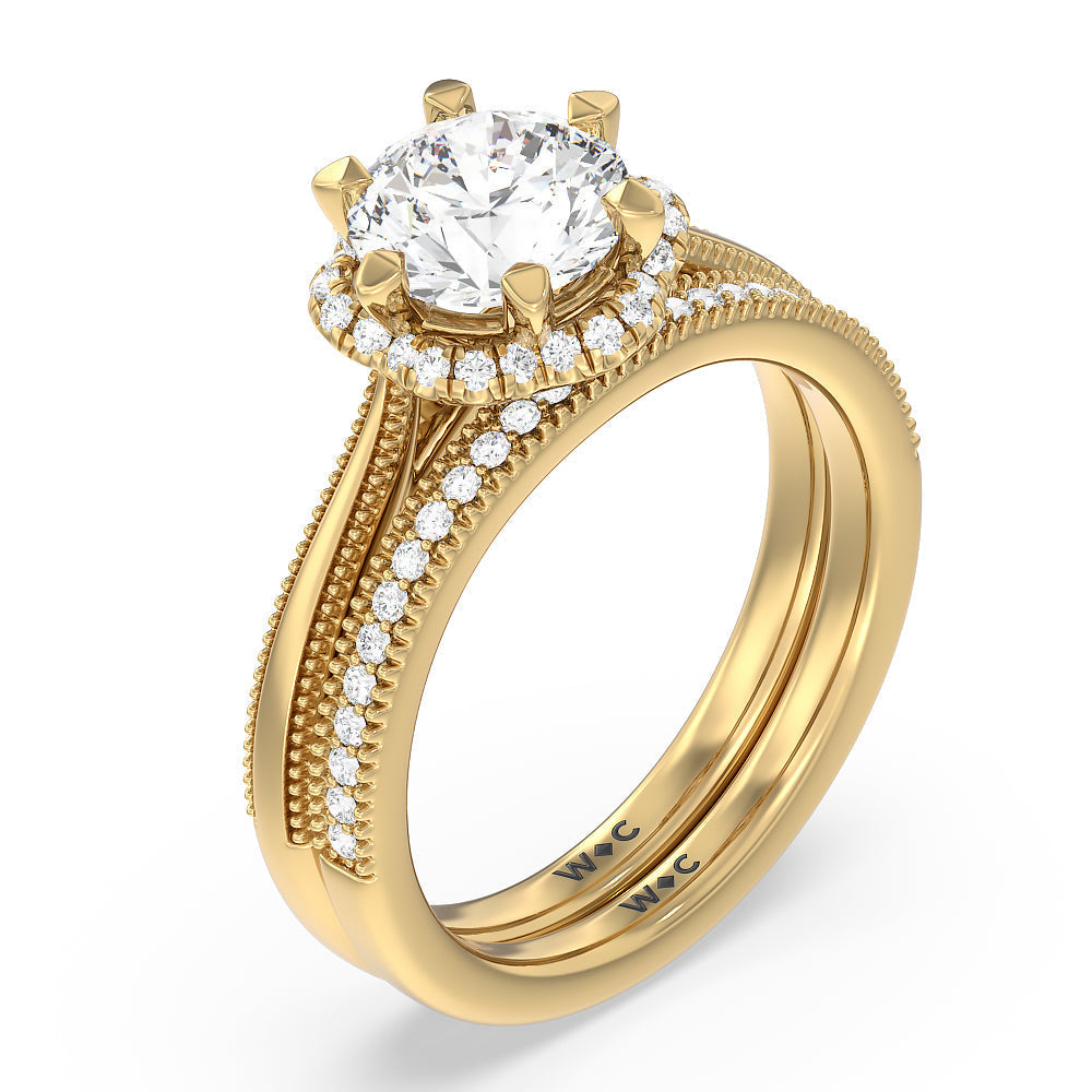 Floral Halo Cathedral Diamond Wedding Band with 18KT Yellow Gold Cut Diamond in 14KT Yellow Gold view 3
