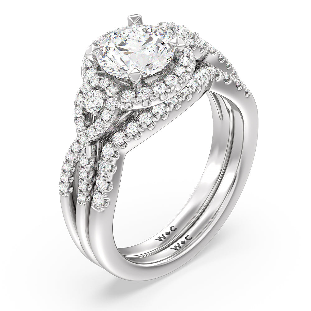 Elegant Halo Side Stone Accent Solitaire Diamond Wedding Band with Platinum Cut Diamond in 14KT Platinum view 3
