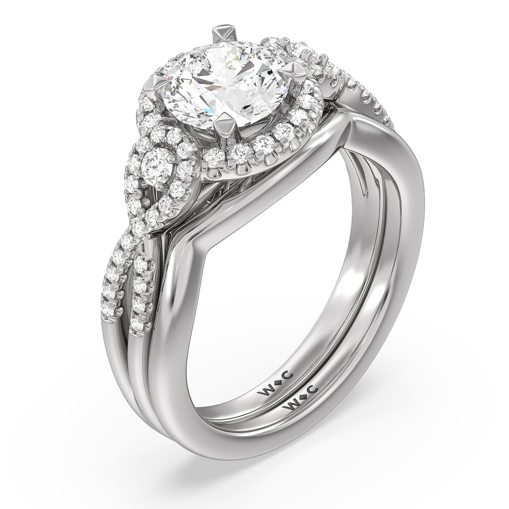 Elegant Halo Side Stone Accent Solitaire Wedding Band with Platinum Cut Diamond in 14KT Platinum view 3
