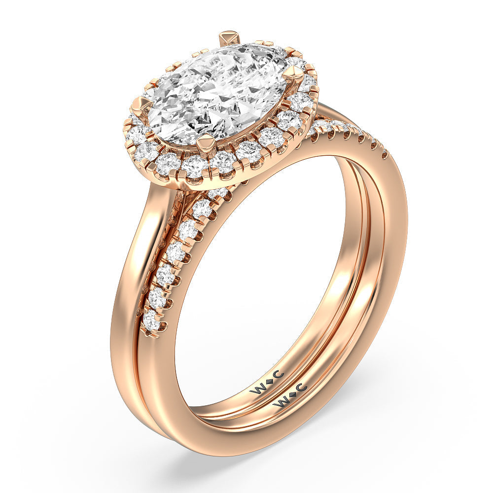 East West Halo Cathedral Wedding Band with 18KT Rose Gold Cut Diamond in 14KT Rose Gold view 3
