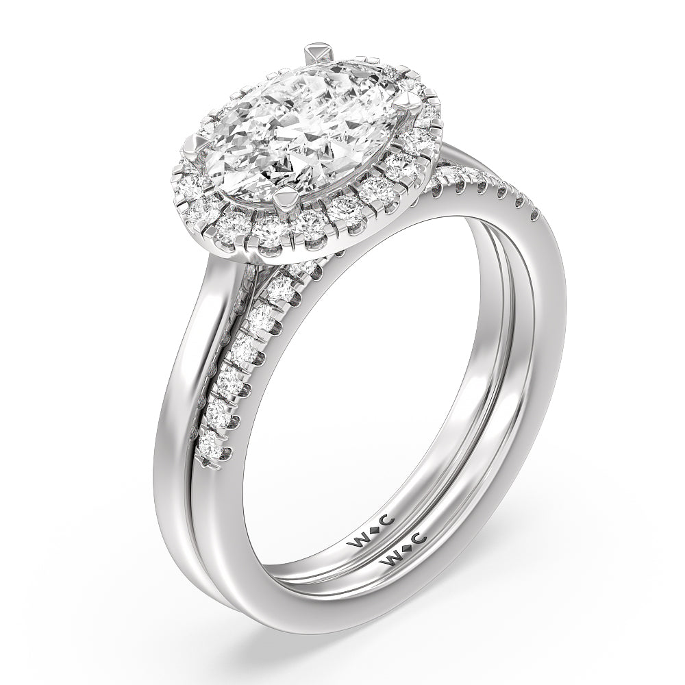 East West Halo Cathedral Wedding Band with Platinum Cut Diamond in 14KT Platinum view 3
