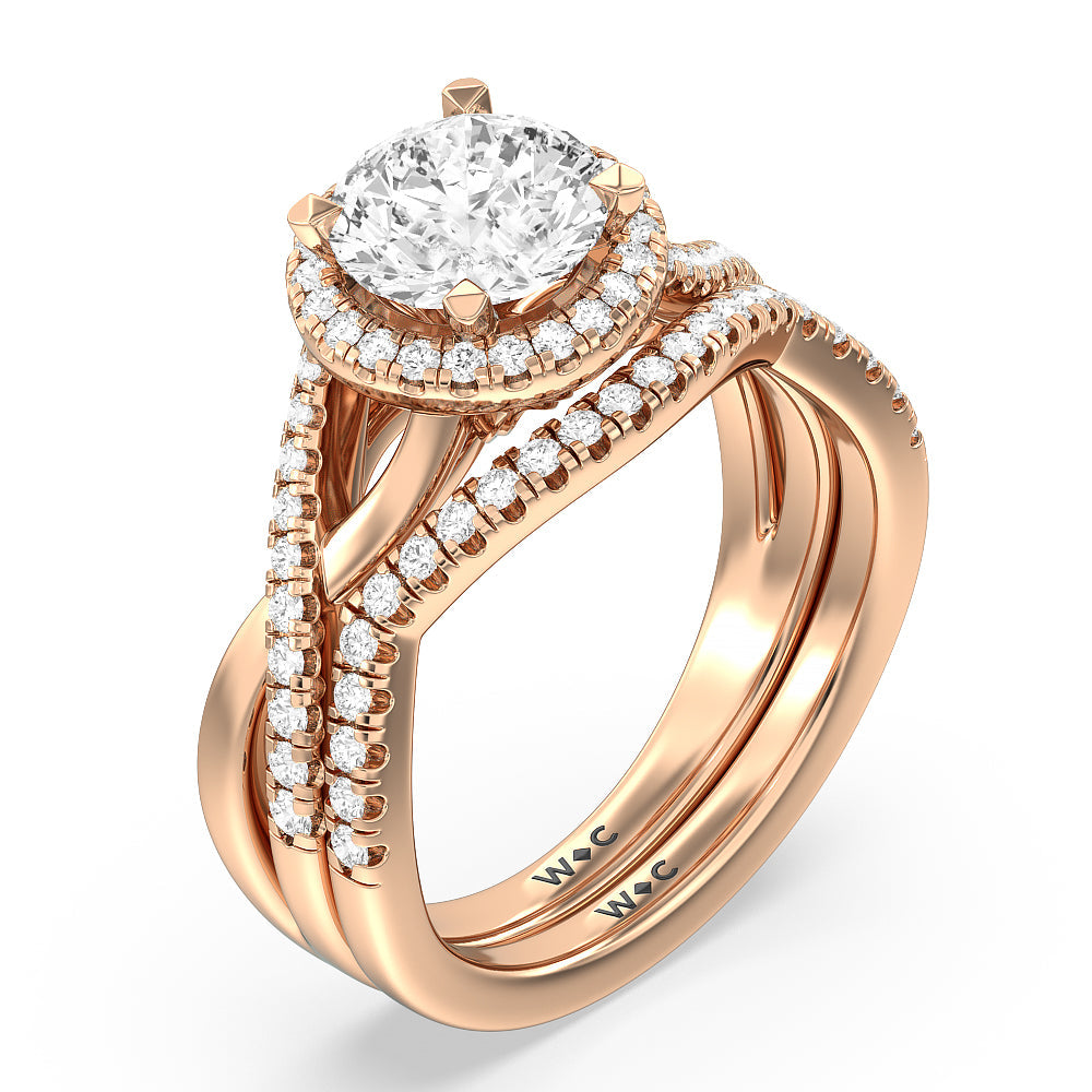 Crossover Split Cathedral Halo Wedding Band with 18KT Rose Gold Cut Diamond in 14KT Rose Gold view 3
