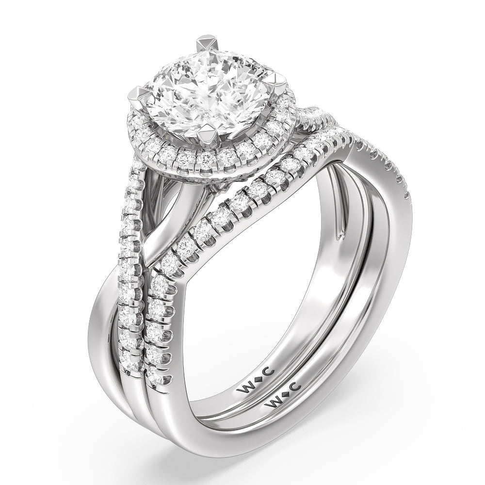 Crossover Split Cathedral Halo Wedding Band with Platinum Cut Diamond in 14KT Platinum view 3
