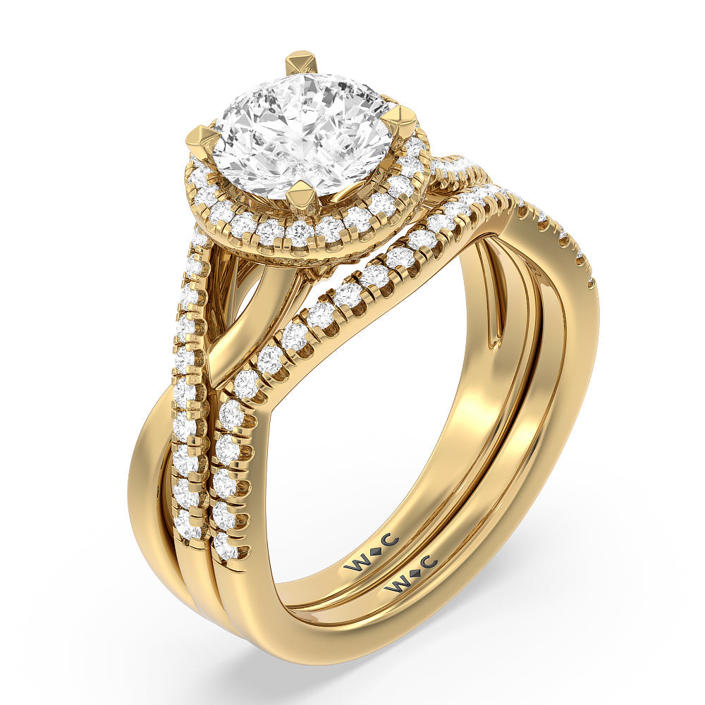 Crossover Split Cathedral Halo Wedding Band with 18KT Yellow Gold Cut Diamond in 14KT Yellow Gold view 3
