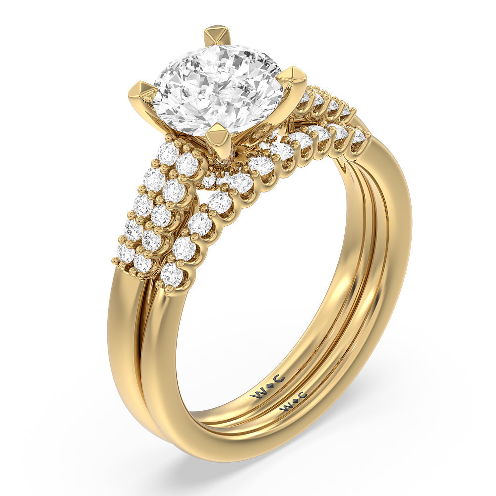Two Row Diamonds Bridge Accent Wedding Band with 18KT Yellow Gold Cut Diamond in 14KT Yellow Gold view 3
