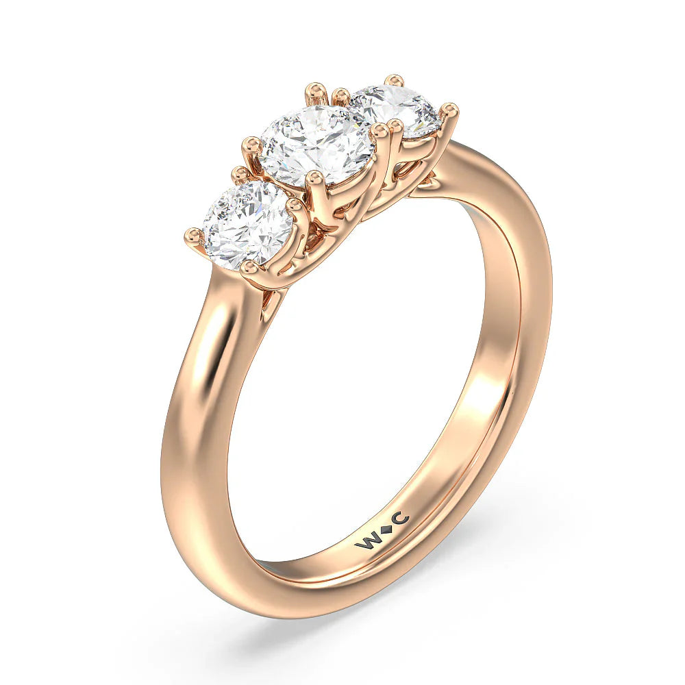 Three Stone Round Brilliant Cut Diamond Ring (E+ VS+) with 18KT Rose Gold / Lab / 1 Cut Diamond in 14KT Rose Gold / Lab / 1 view 3
