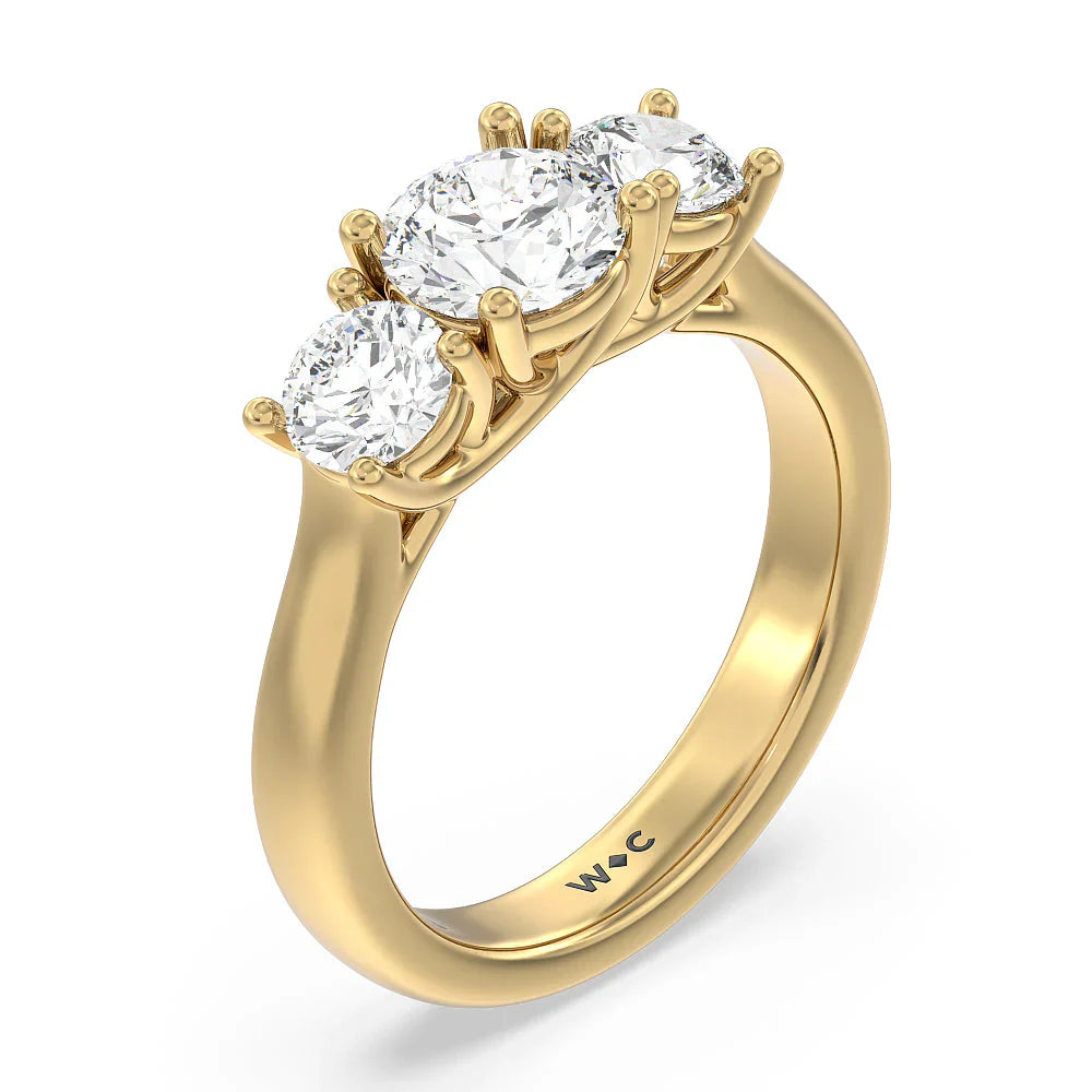 Three Stone Round Brilliant Cut Diamond Ring (E+ VS+) with 18KT Yellow Gold / Lab / 2 Cut Diamond in 14KT Yellow Gold / Lab / 2 view 3
