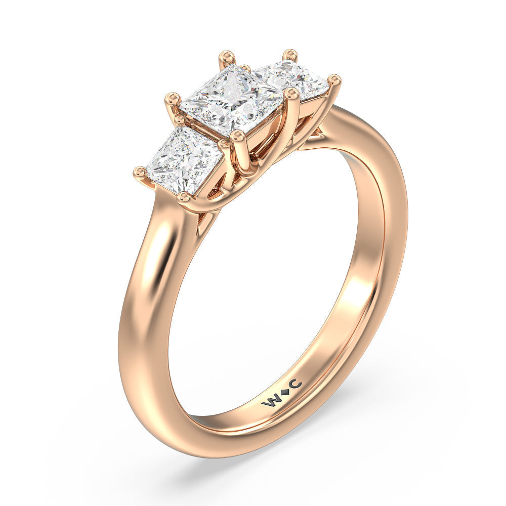 Three Stone Princess Cut Diamond Ring with 18KT Rose Gold / Natural / 1 1/2 Cut Diamond in 14KT Rose Gold / Natural / 1 1/2 view 3
